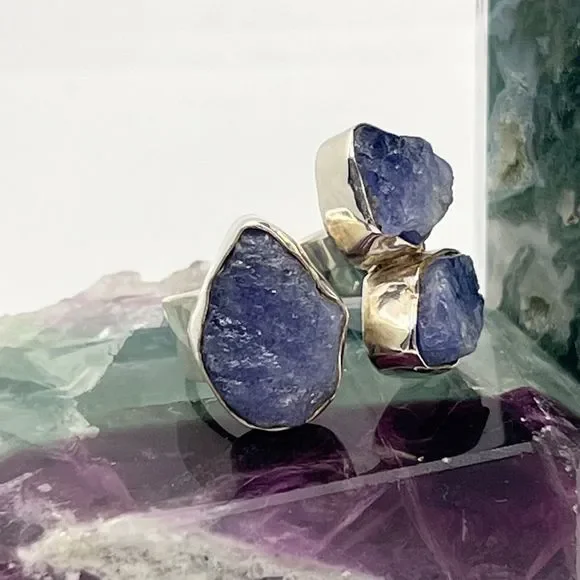 Sterling Silver Raw Amethyst Ring Chunky Triple Stone Size O Stamped 925 - Picture 5 of 12